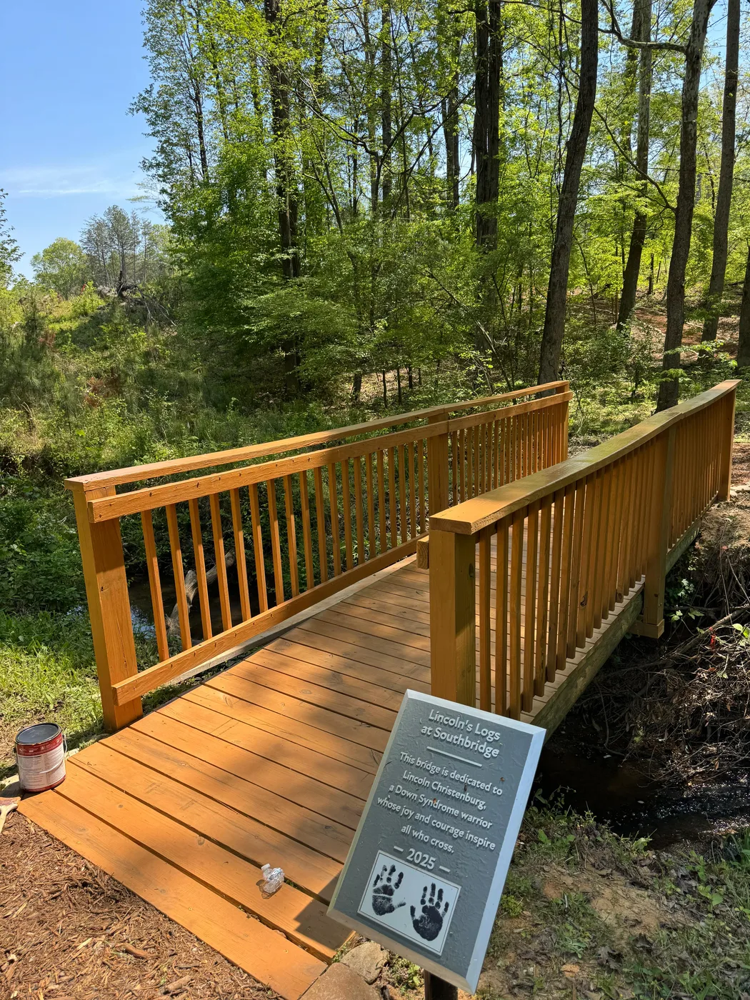 Wooden footbridge with railings we built across a creek