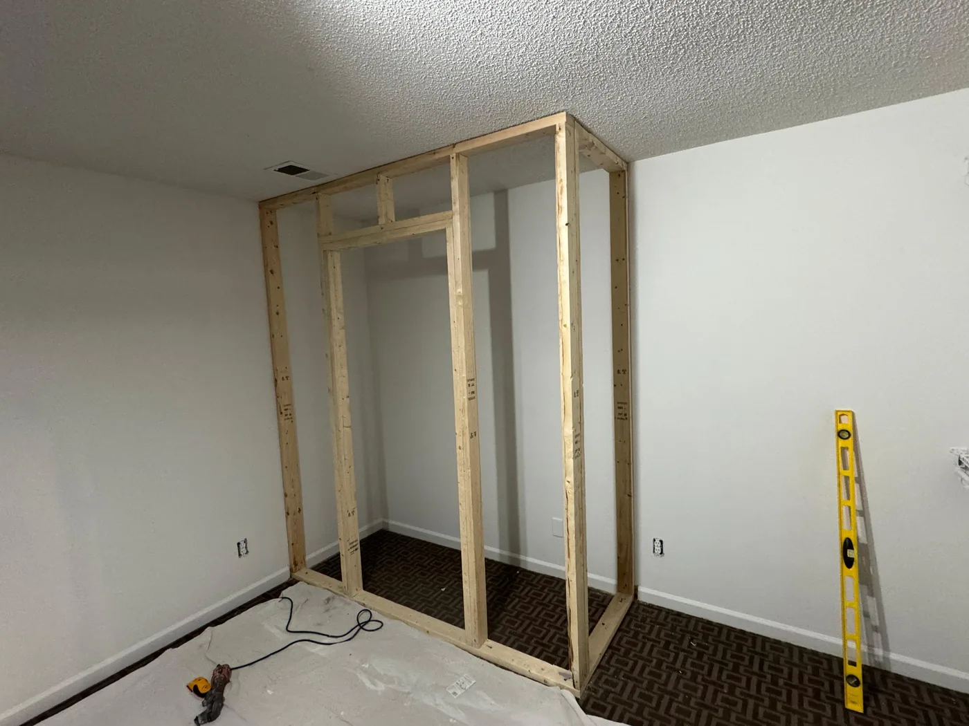 Closet framing built out in a bedroom