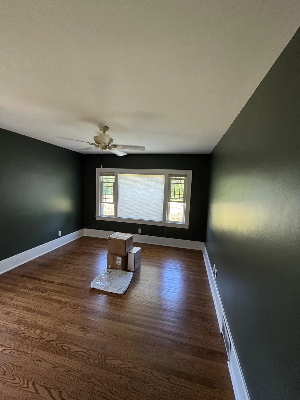 Bedroom remodel with bold dark walls and wood floor